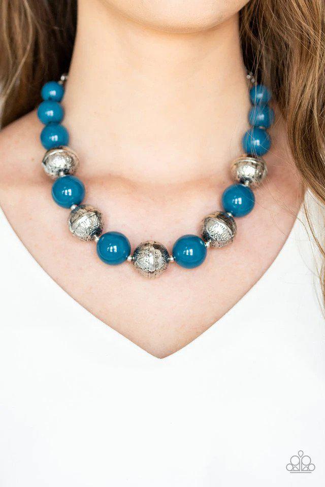 Floral Fusion Blue Necklace - Paparazzi Accessories- on model - CarasShop.com - Paparazzi Jewelry by Cara Jewels