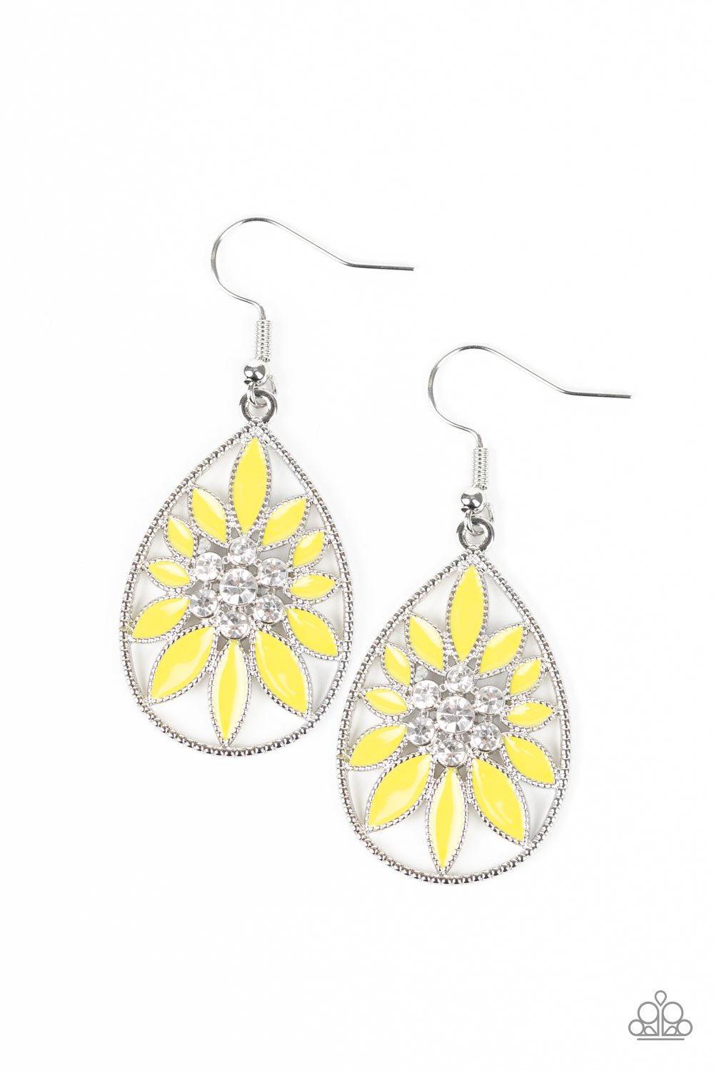 Floral Morals Yellow and Silver Flower Teardrop Earrings - Paparazzi Accessories- lightbox - CarasShop.com - Paparazzi Jewelry by Cara Jewels