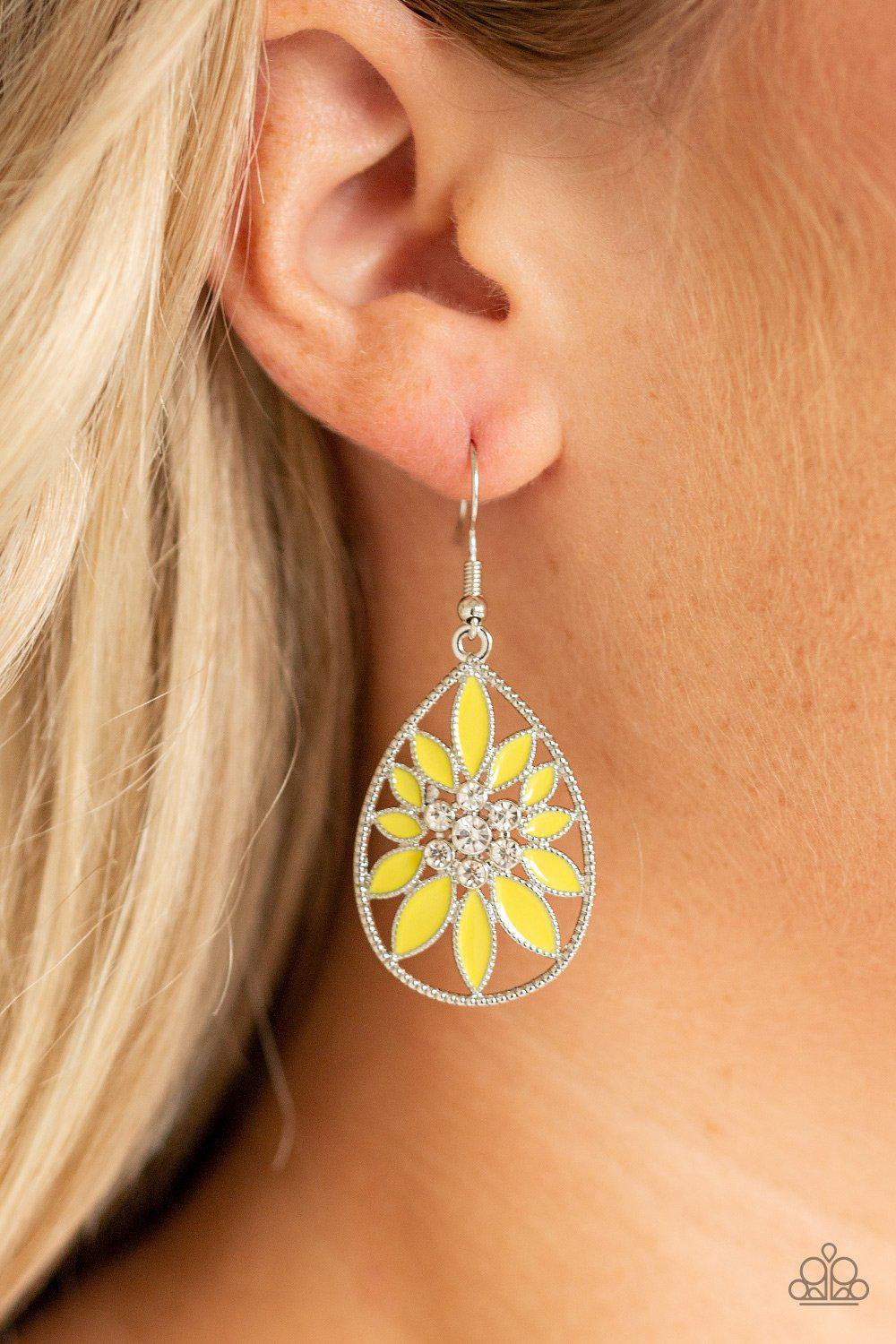 Floral Morals Yellow and Silver Flower Teardrop Earrings - Paparazzi Accessories- on model - CarasShop.com - Paparazzi Jewelry by Cara Jewels