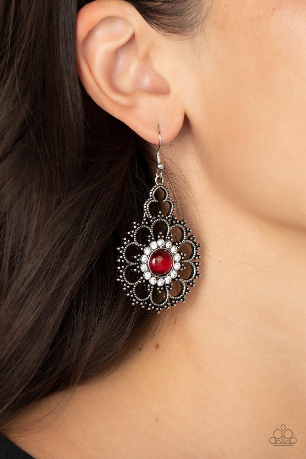 Floral Renaissance Red Cat's Eye Stone Earrings - Paparazzi Accessories- lightbox - CarasShop.com - Paparazzi Jewelry by Cara Jewels