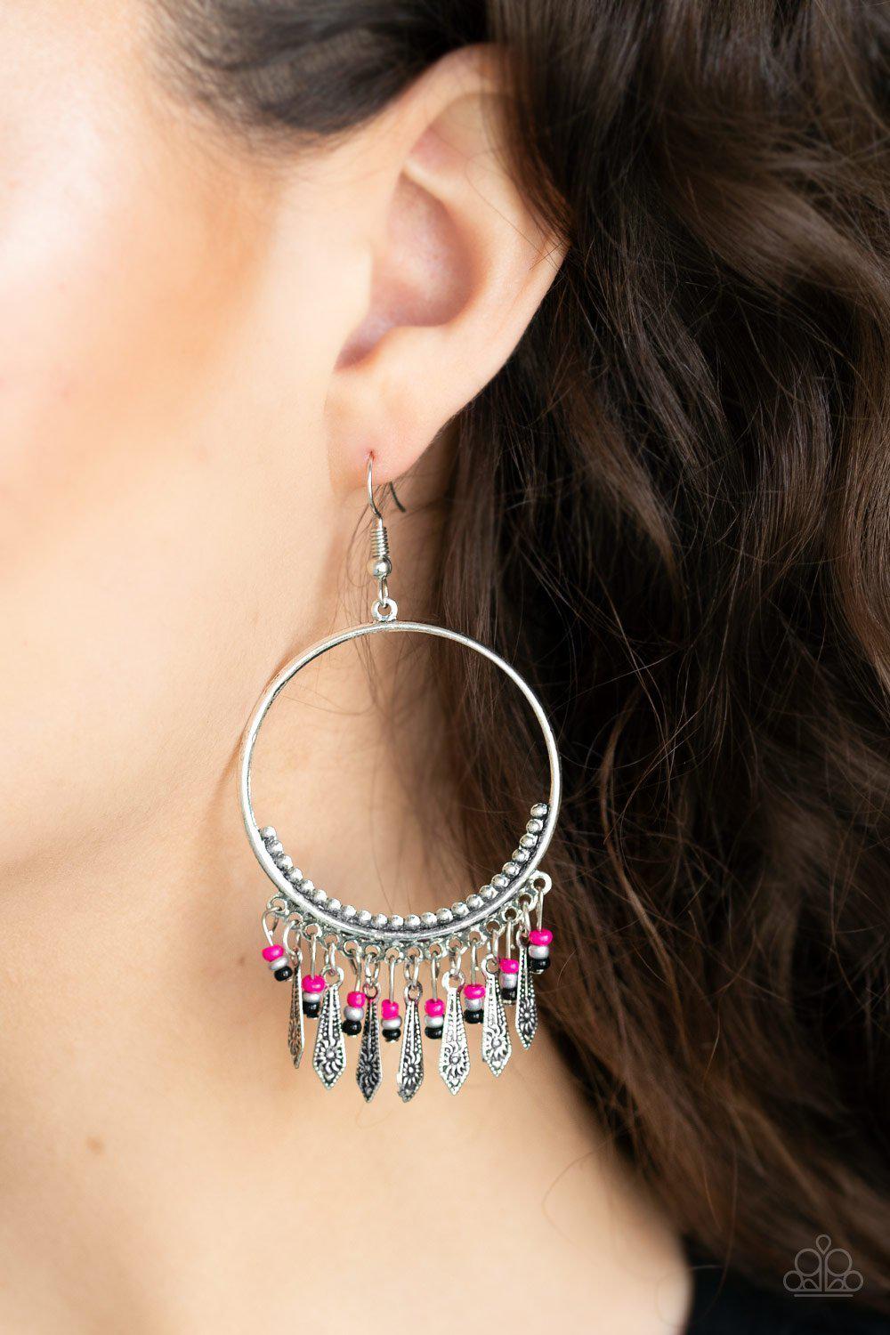 Floral Serenity Silver and Pink Earrings - Paparazzi Accessories- on model - CarasShop.com - Paparazzi Jewelry by Cara Jewels