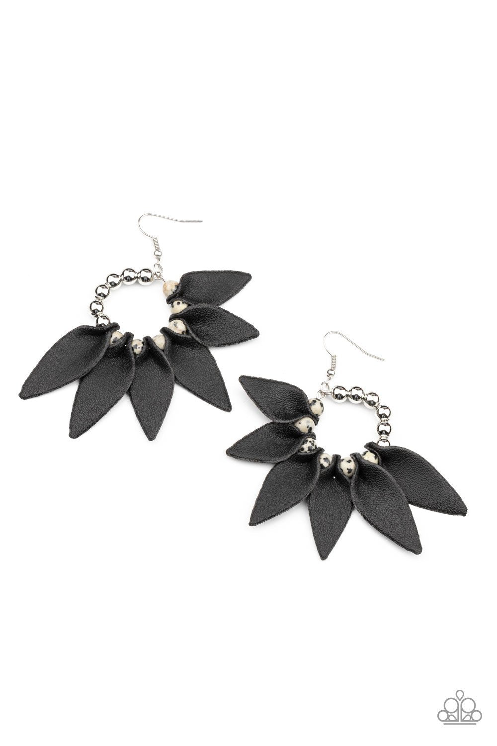Flower Child Fever Black Leather Earrings - Paparazzi Accessories- lightbox - CarasShop.com - Paparazzi Jewelry by Cara Jewels