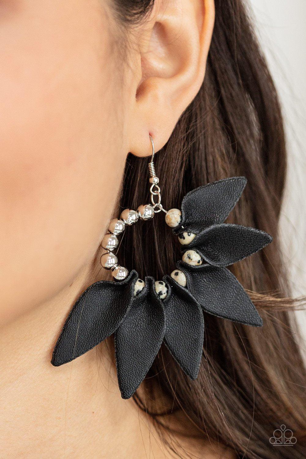 Flower Child Fever Black Leather Earrings - Paparazzi Accessories- on model - CarasShop.com - Paparazzi Jewelry by Cara Jewels