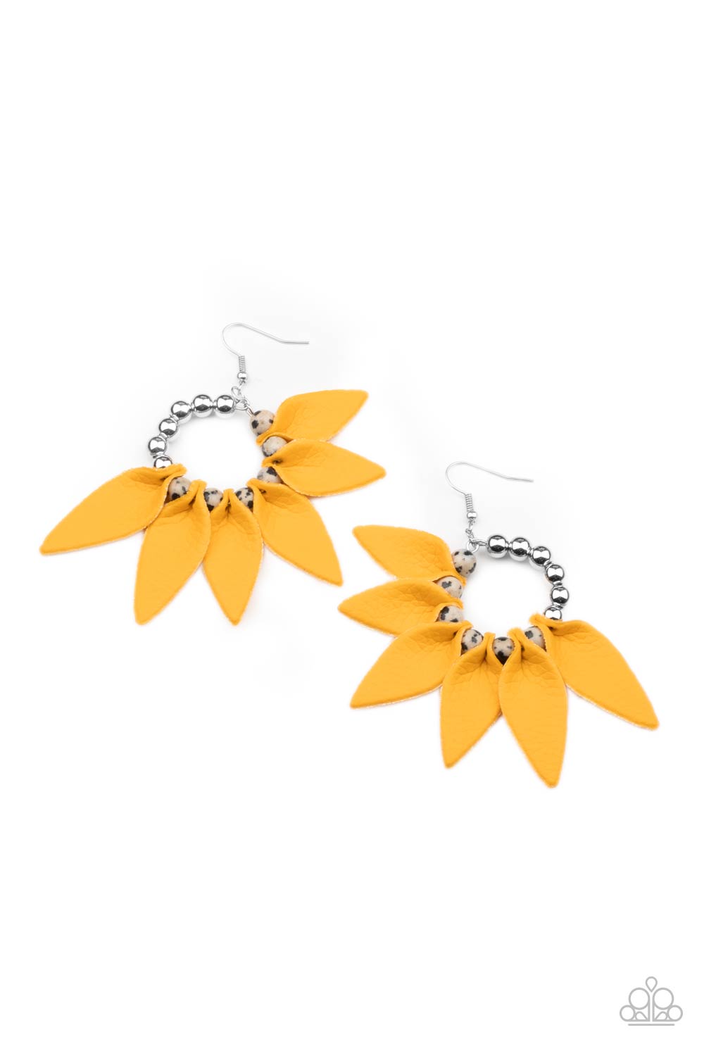 Flower Child Fever Yellow Leather Earrings - Paparazzi Accessories- lightbox - CarasShop.com - Paparazzi Jewelry by Cara Jewels