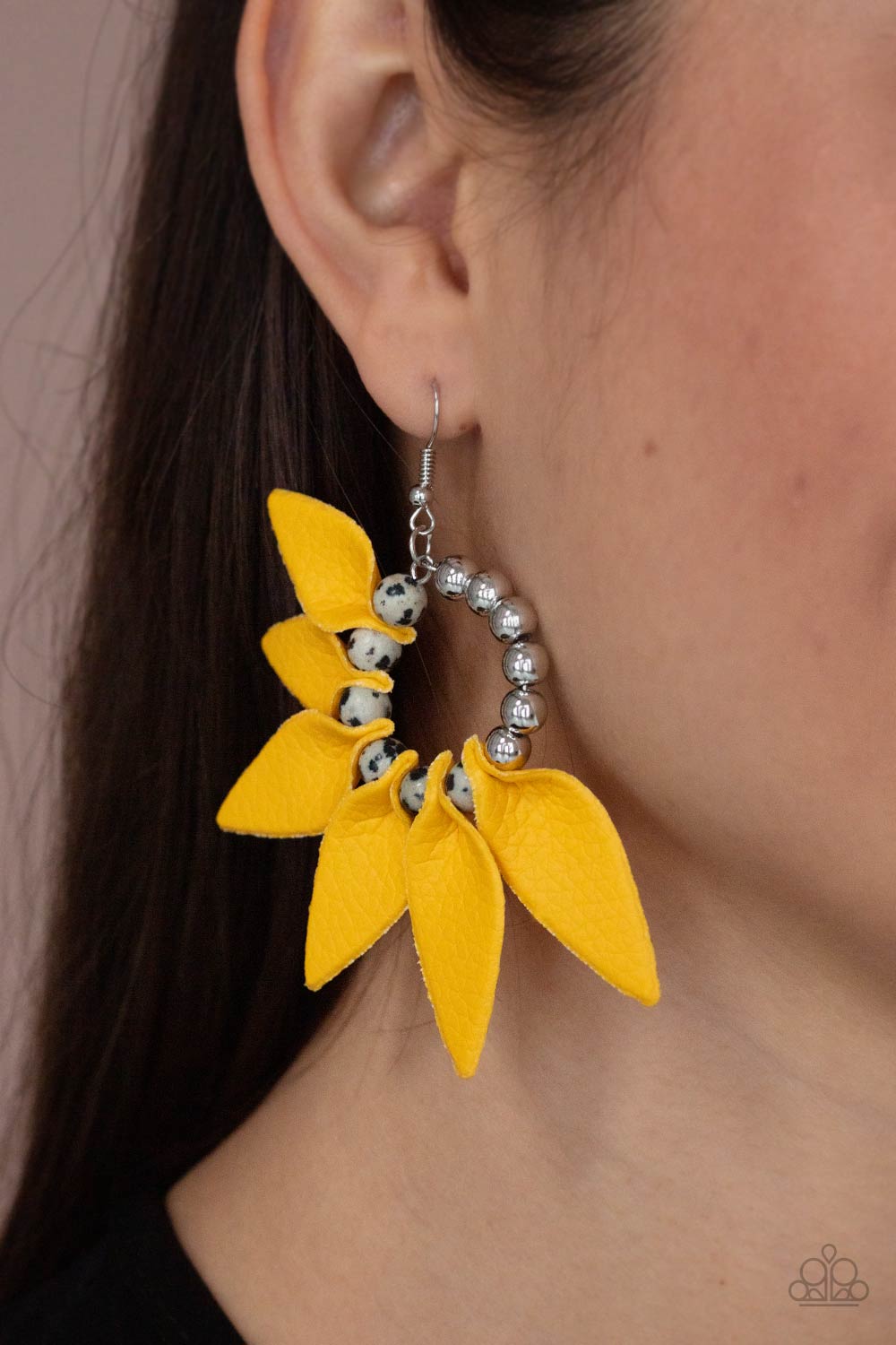 Flower Child Fever Yellow Leather Earrings - Paparazzi Accessories- on model - CarasShop.com - Paparazzi Jewelry by Cara Jewels