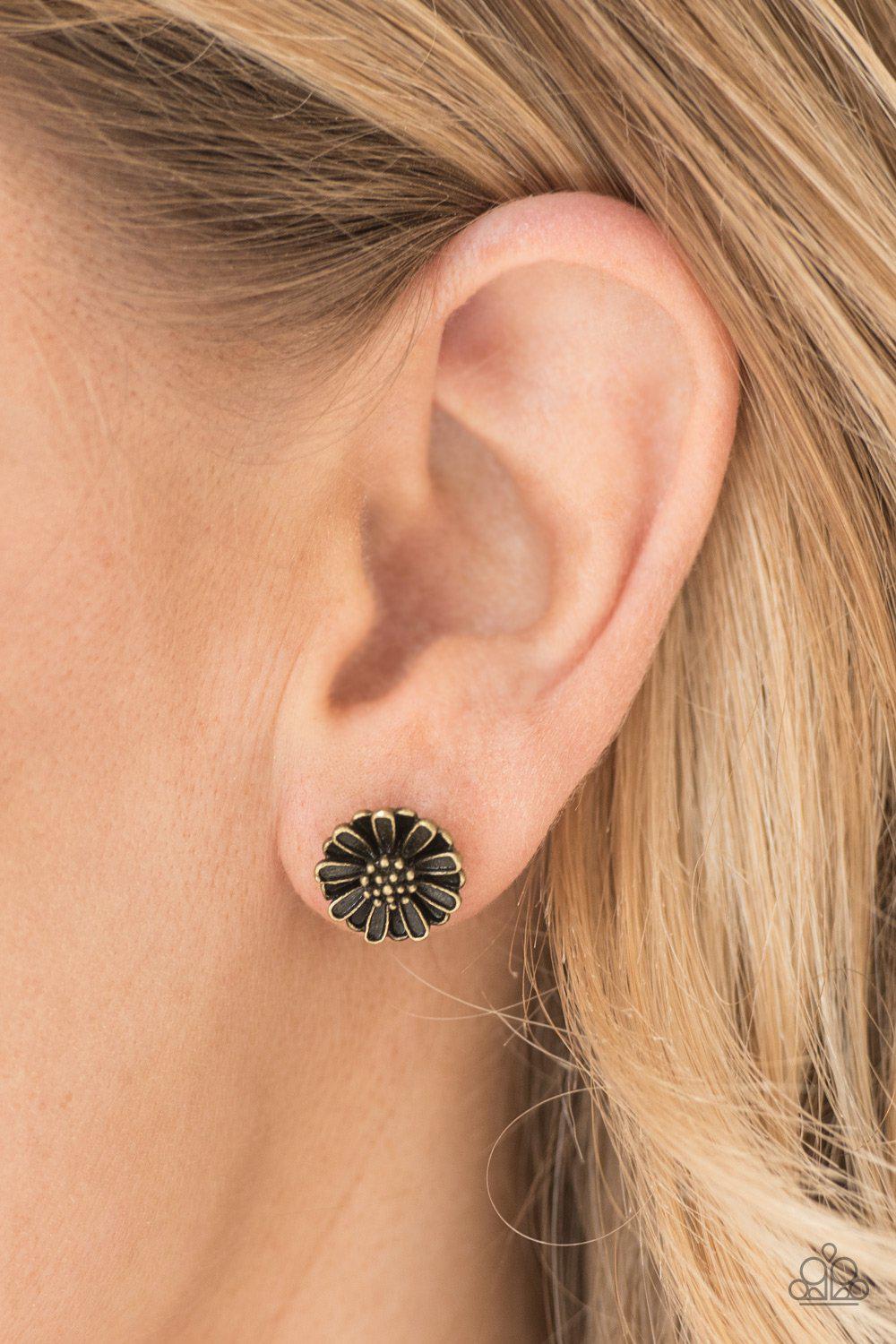Flower Fever Brass Post Earrings - Paparazzi Accessories- on model - CarasShop.com - Paparazzi Jewelry by Cara Jewels