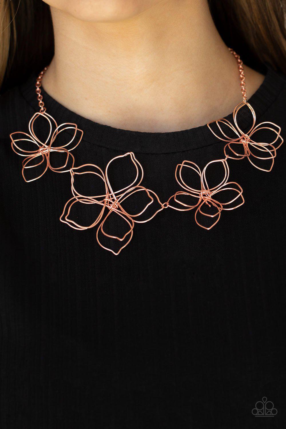 Flower Garden Fashionista Copper Wire Flower Necklace - Paparazzi Accessories- on model - CarasShop.com - Paparazzi Jewelry by Cara Jewels