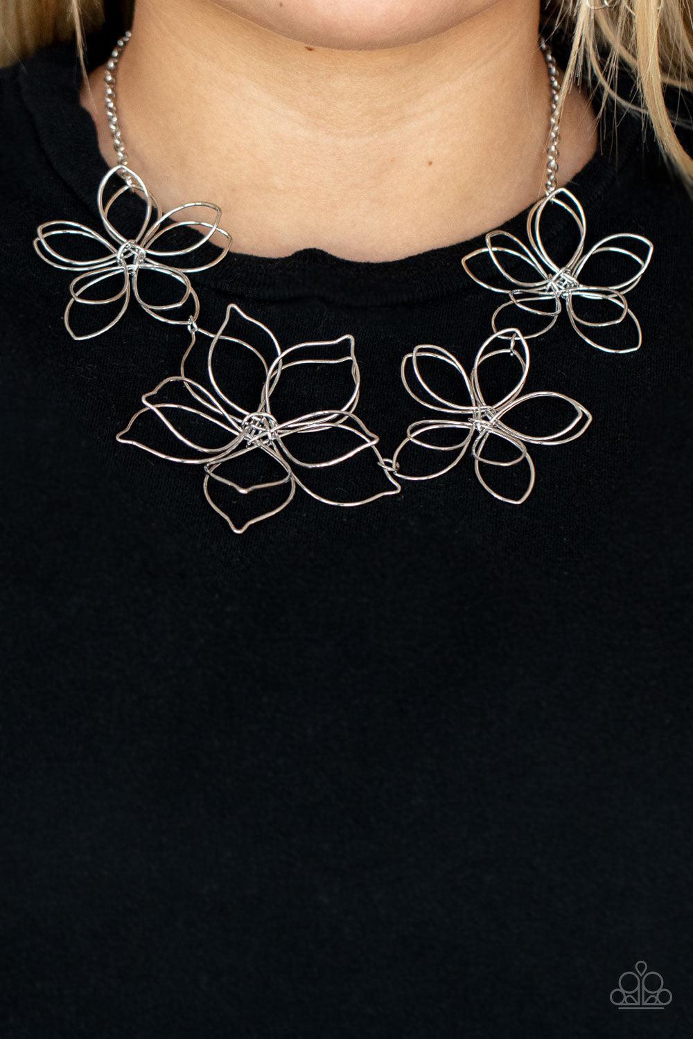 Flower Garden Fashionista Silver Wire Flower Necklace - Paparazzi Accessories- on model - CarasShop.com - Paparazzi Jewelry by Cara Jewels