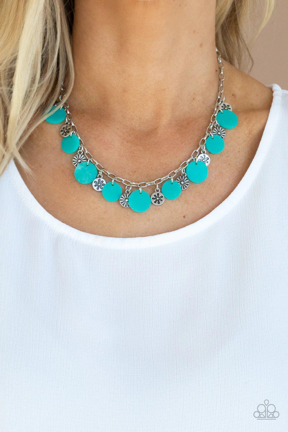 Flower Powered Blue Necklace - Paparazzi Accessories- on model - CarasShop.com - Paparazzi Jewelry by Cara Jewels