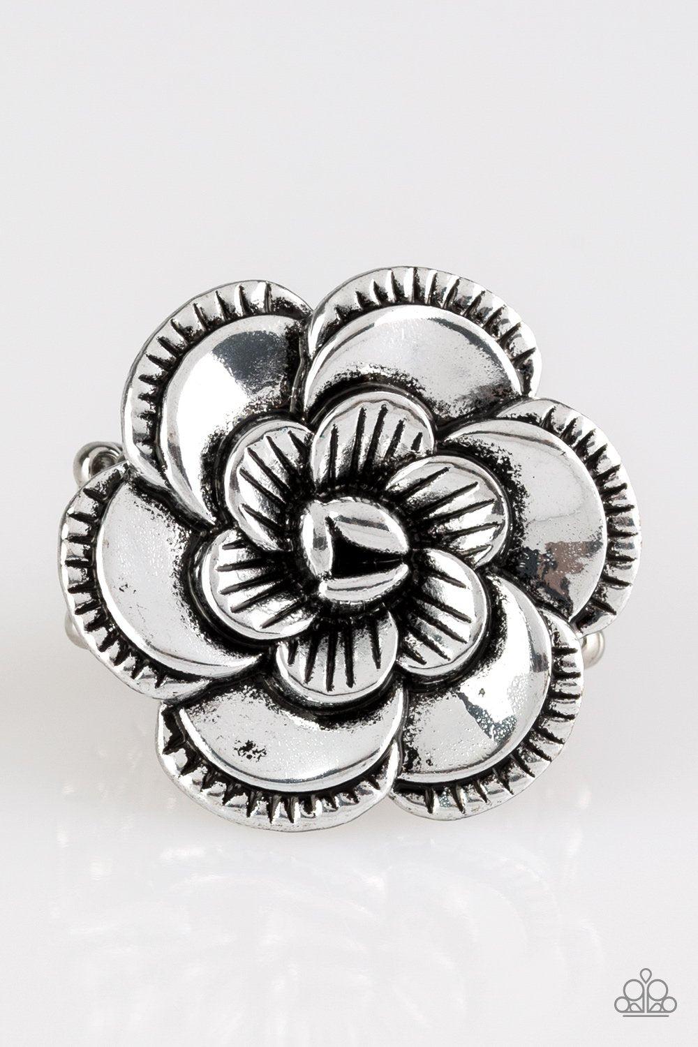 FLOWERBED and Breakfast Silver Flower Ring - Paparazzi Accessories- lightbox - CarasShop.com - Paparazzi Jewelry by Cara Jewels