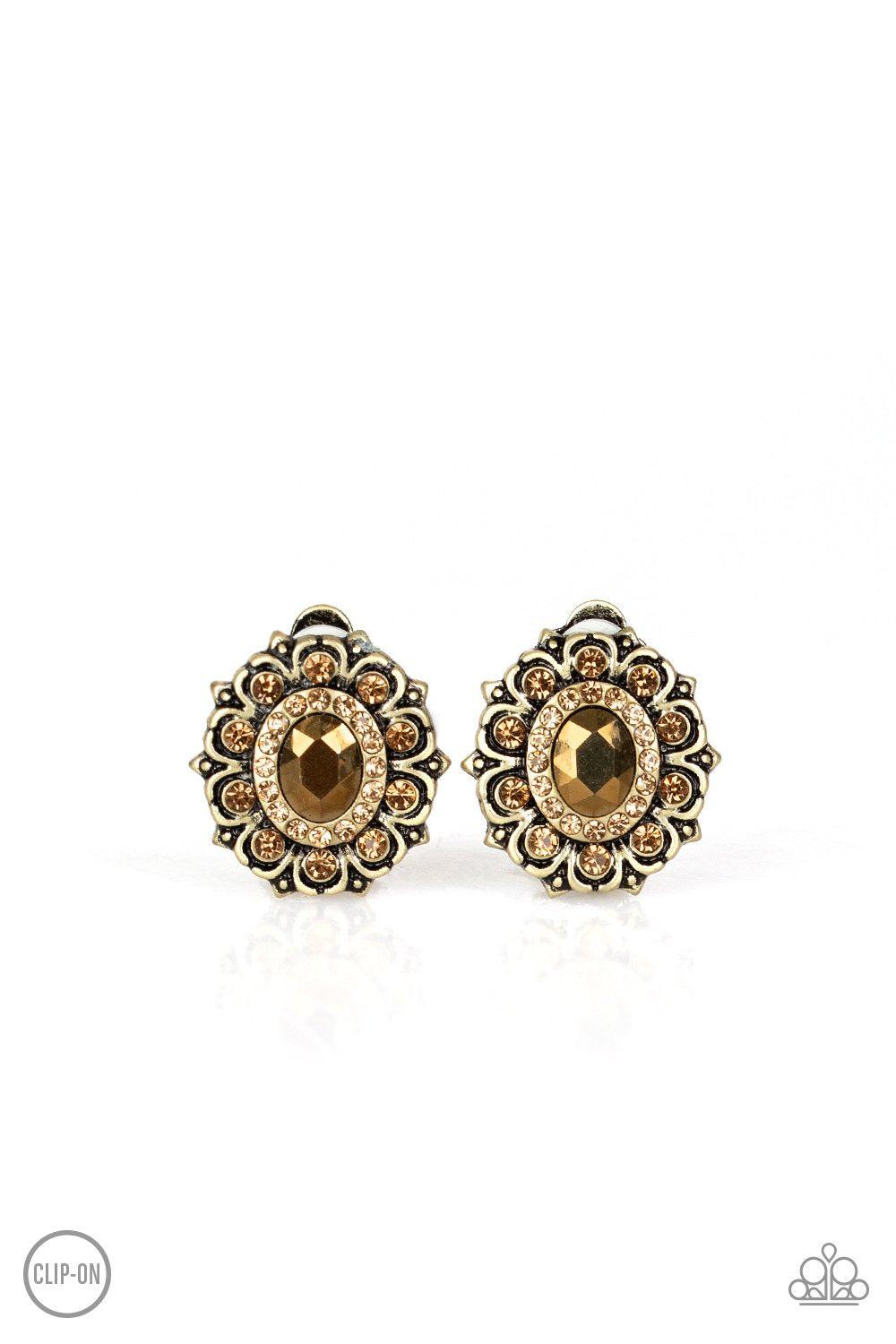 Flowering Dazzle Brass Clip-On Earrings - Paparazzi Accessories- lightbox - CarasShop.com - Paparazzi Jewelry by Cara Jewels
