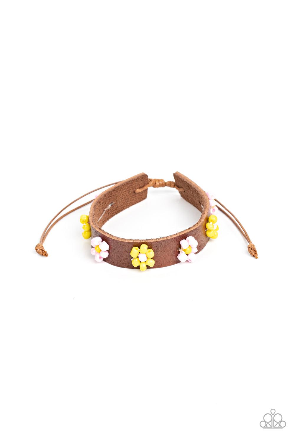 Flowery Frontier Pink & Yellow Flower Urban Slide Bracelet - Paparazzi Accessories- lightbox - CarasShop.com - Paparazzi Jewelry by Cara Jewels