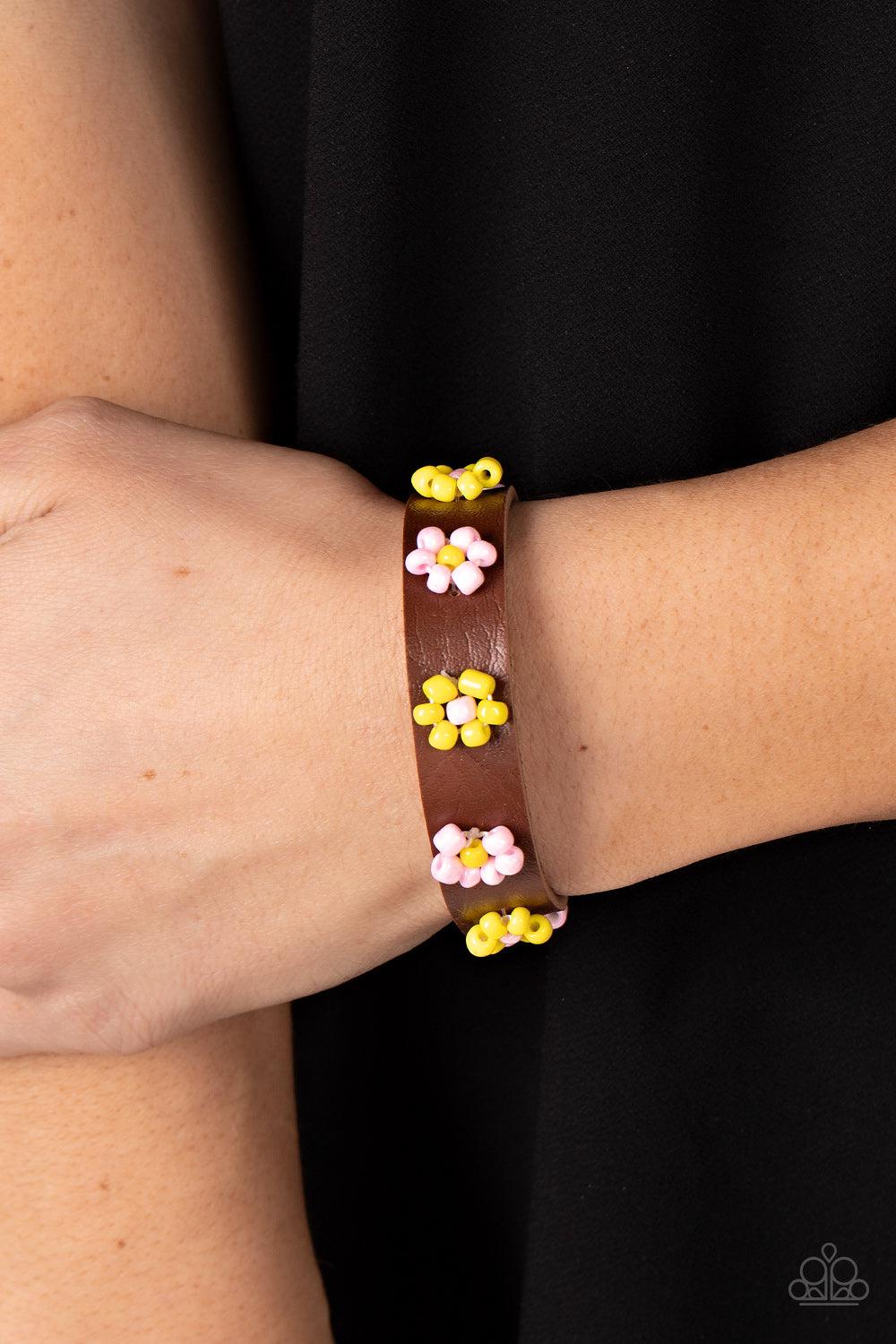 Flowery Frontier Pink & Yellow Flower Urban Slide Bracelet - Paparazzi Accessories- on model - CarasShop.com - Paparazzi Jewelry by Cara Jewels