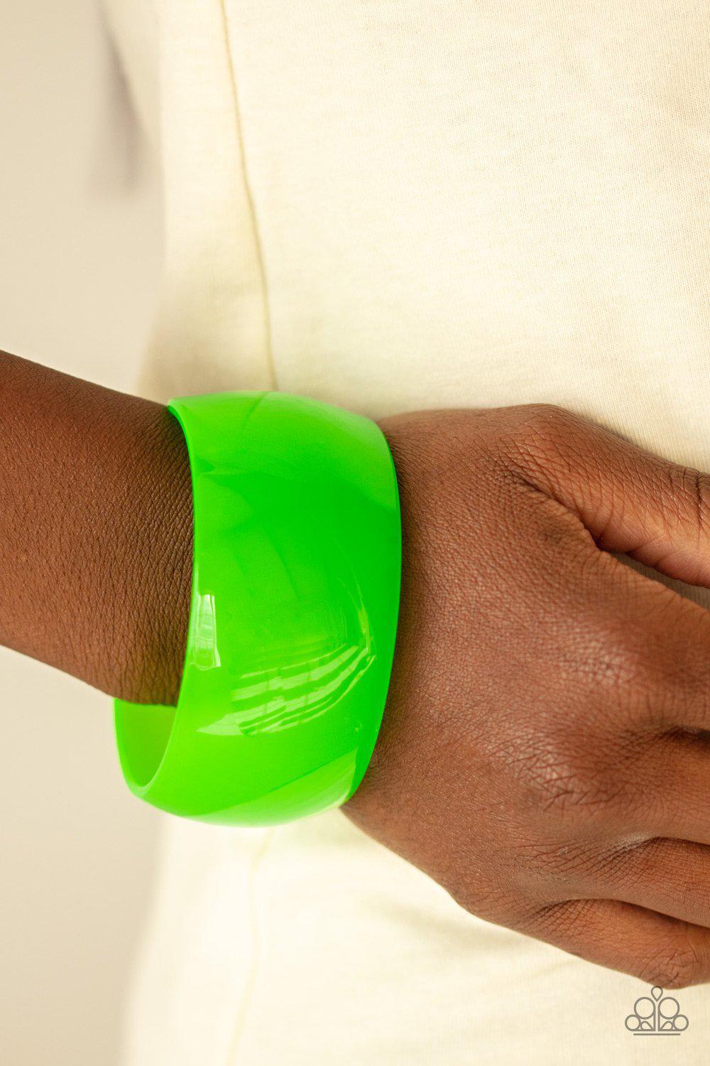 Fluent in Flamboyance Neon Green Acrylic Cuff Bracelet - Paparazzi Accessories- on model - CarasShop.com - Paparazzi Jewelry by Cara Jewels