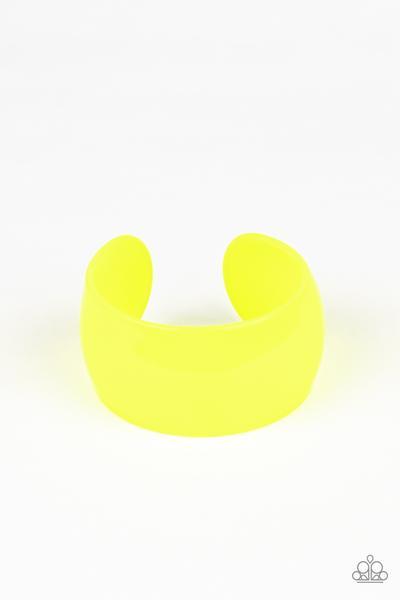 Fluent In Flamboyance Yellow Acrylic Cuff Bracelet - Paparazzi Accessories- lightbox - CarasShop.com - Paparazzi Jewelry by Cara Jewels