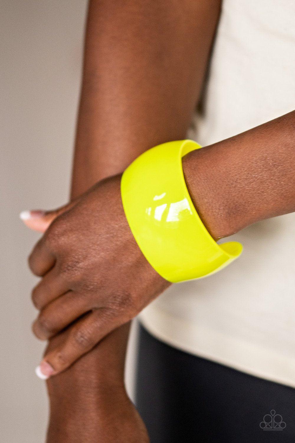Fluent In Flamboyance Yellow Acrylic Cuff Bracelet - Paparazzi Accessories- on model - CarasShop.com - Paparazzi Jewelry by Cara Jewels