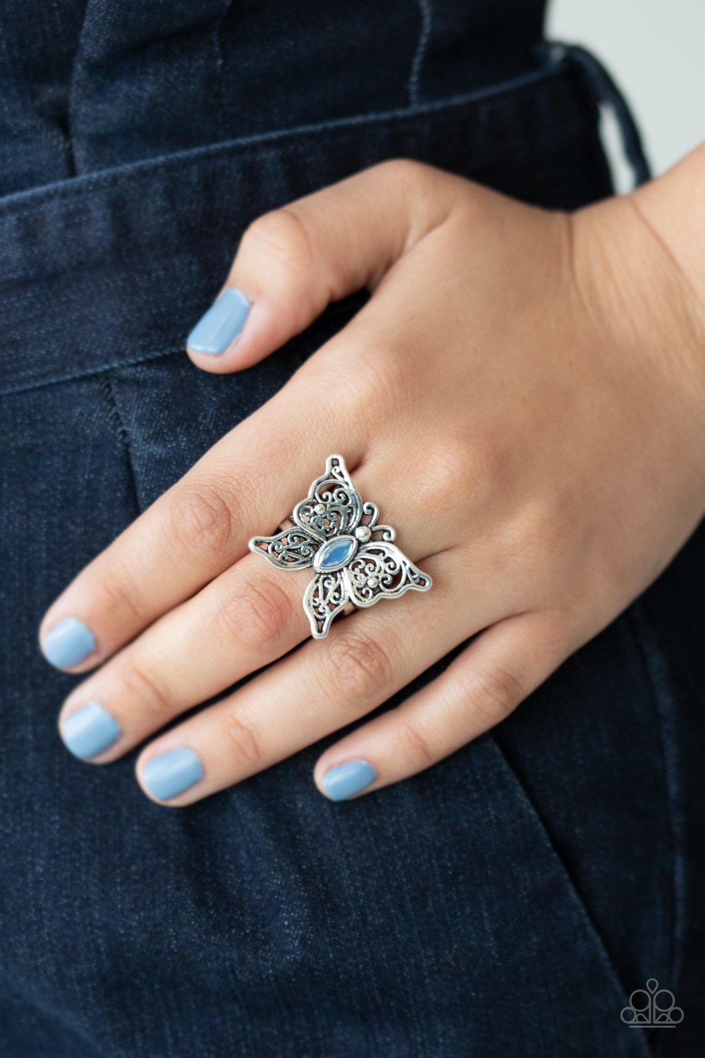 Flutter Flavor Blue Cat's Eye Butterfly Ring - Paparazzi Accessories- on model - CarasShop.com - Paparazzi Jewelry by Cara Jewels