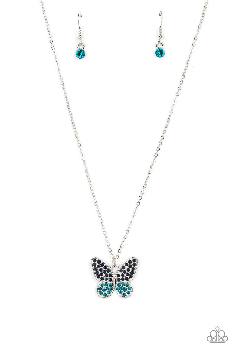 Flutter Forte Blue Rhinestone Butterfly Necklace - Paparazzi Accessories- lightbox - CarasShop.com - Paparazzi Jewelry by Cara Jewels