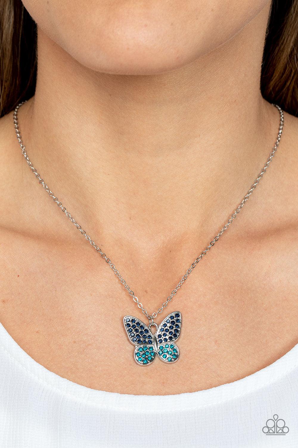 Flutter Forte Blue Rhinestone Butterfly Necklace - Paparazzi Accessories- on model - CarasShop.com - Paparazzi Jewelry by Cara Jewels