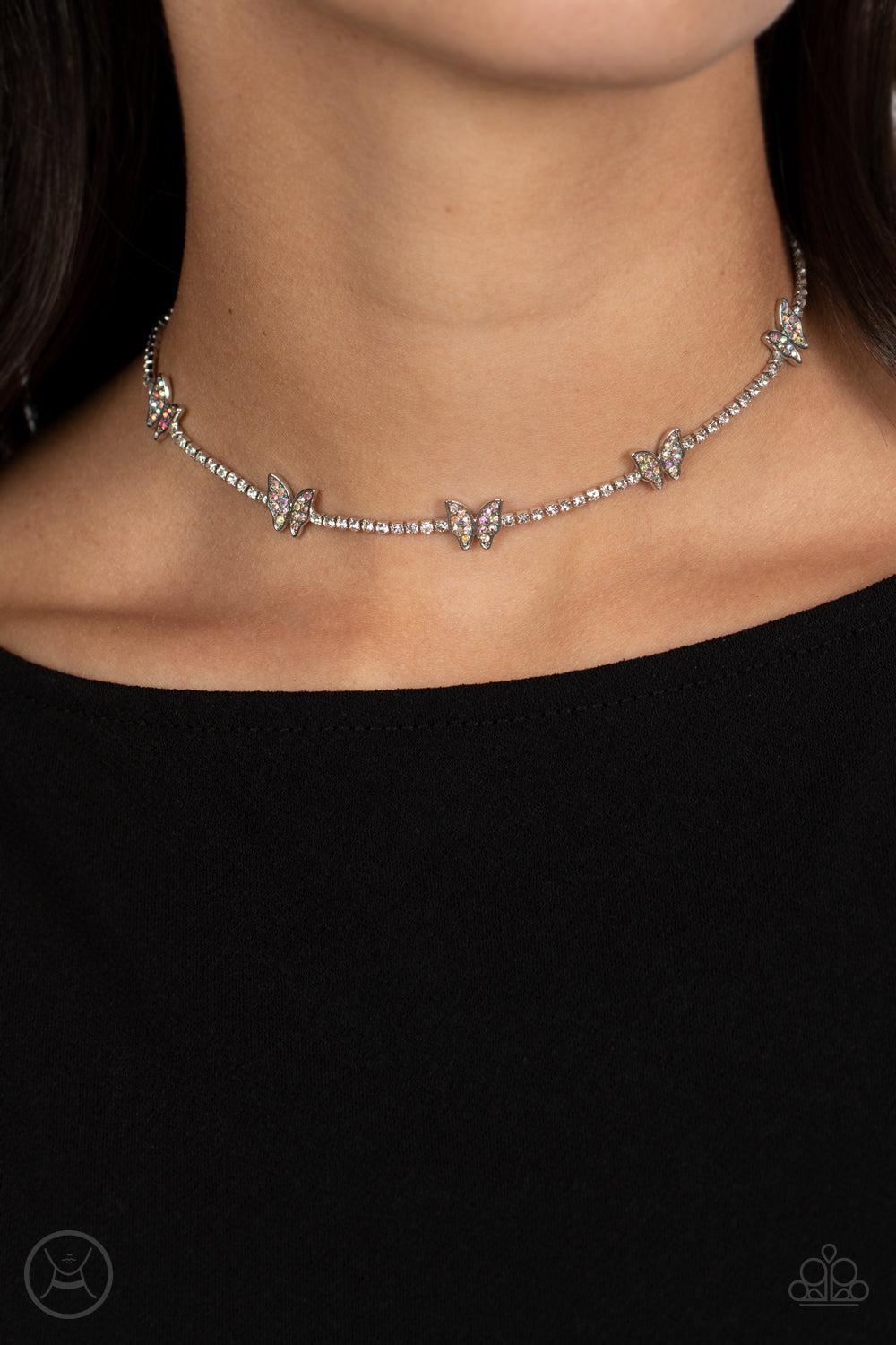 Fluttering Fanatic Multi Iridescent Rhinestone Choker Necklace - Paparazzi Accessories- on model - CarasShop.com - Paparazzi Jewelry by Cara Jewels