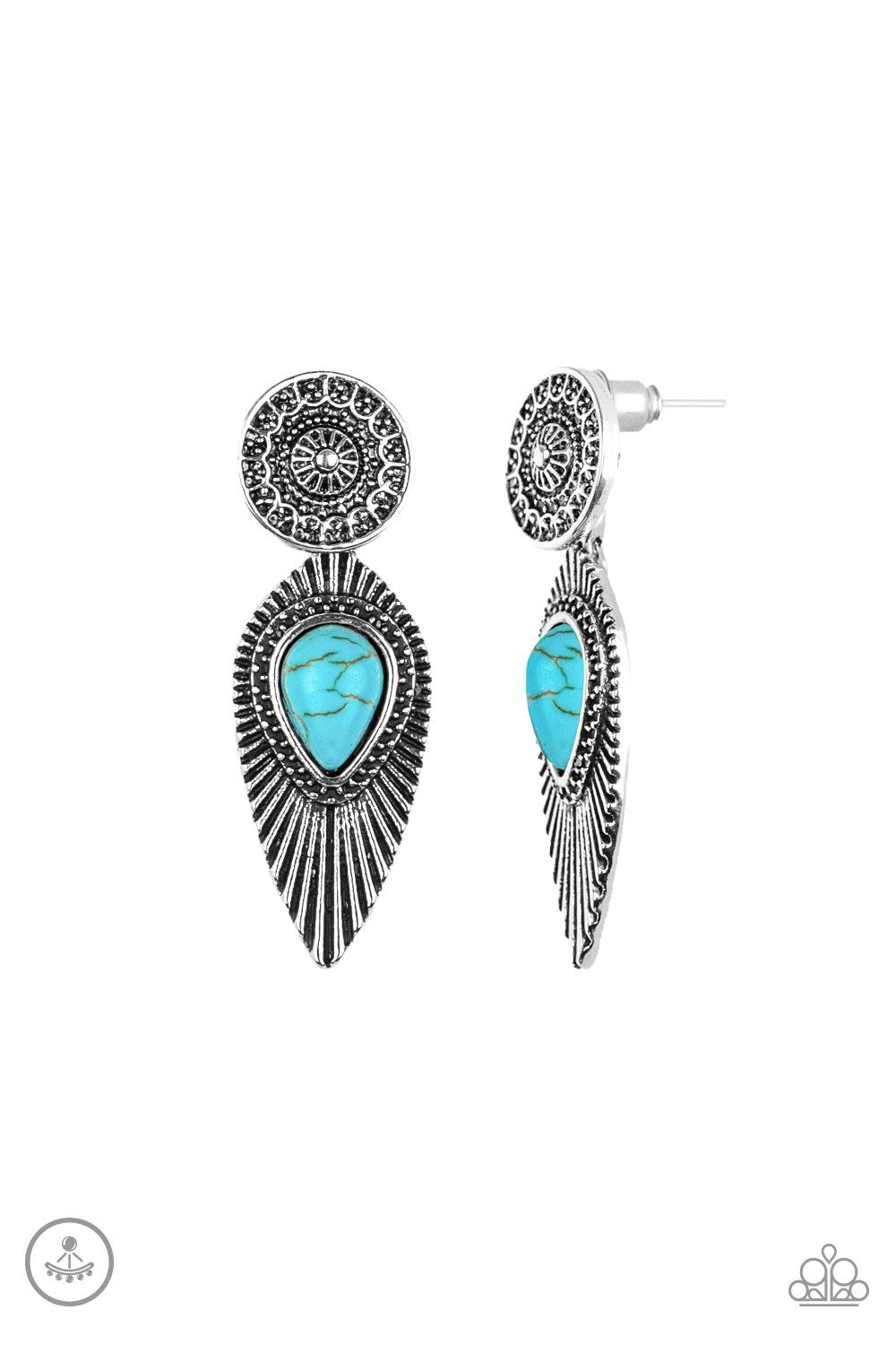 Fly Into The Sun Turquoise Blue Feather Double-sided Post Earrings - Paparazzi Accessories- lightbox - CarasShop.com - Paparazzi Jewelry by Cara Jewels
