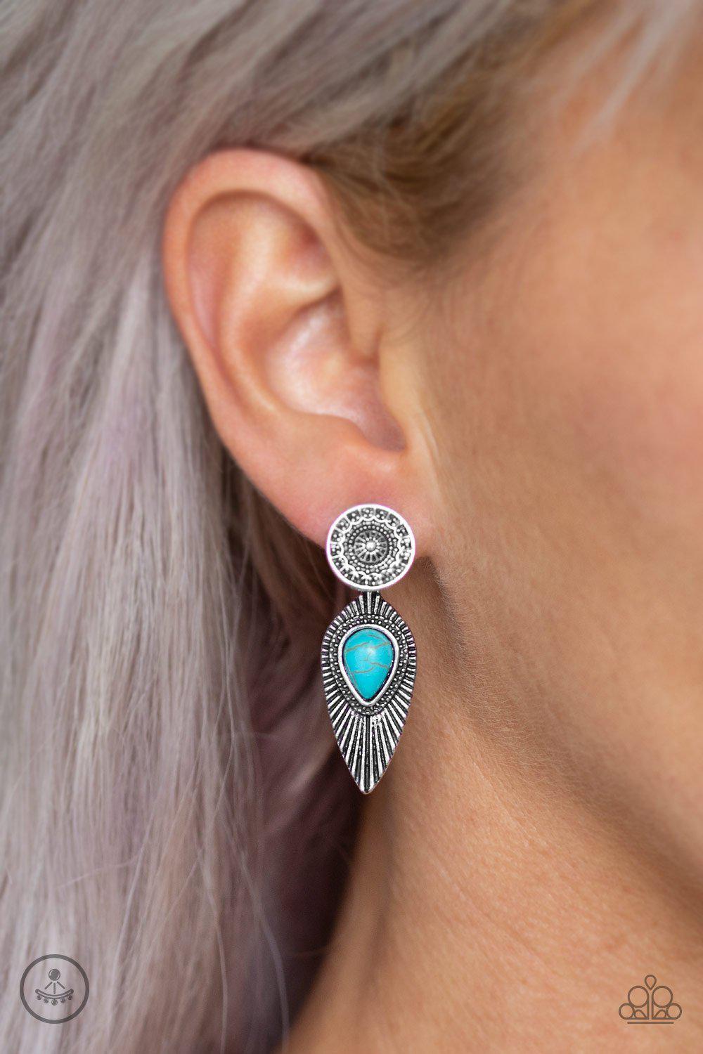 Fly Into The Sun Turquoise Blue Feather Double-sided Post Earrings - Paparazzi Accessories- on model - CarasShop.com - Paparazzi Jewelry by Cara Jewels