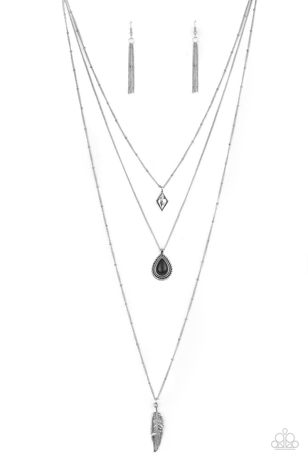 Fly The Coop Black Stone and Feather Necklace - Paparazzi Accessories- lightbox - CarasShop.com - Paparazzi Jewelry by Cara Jewels