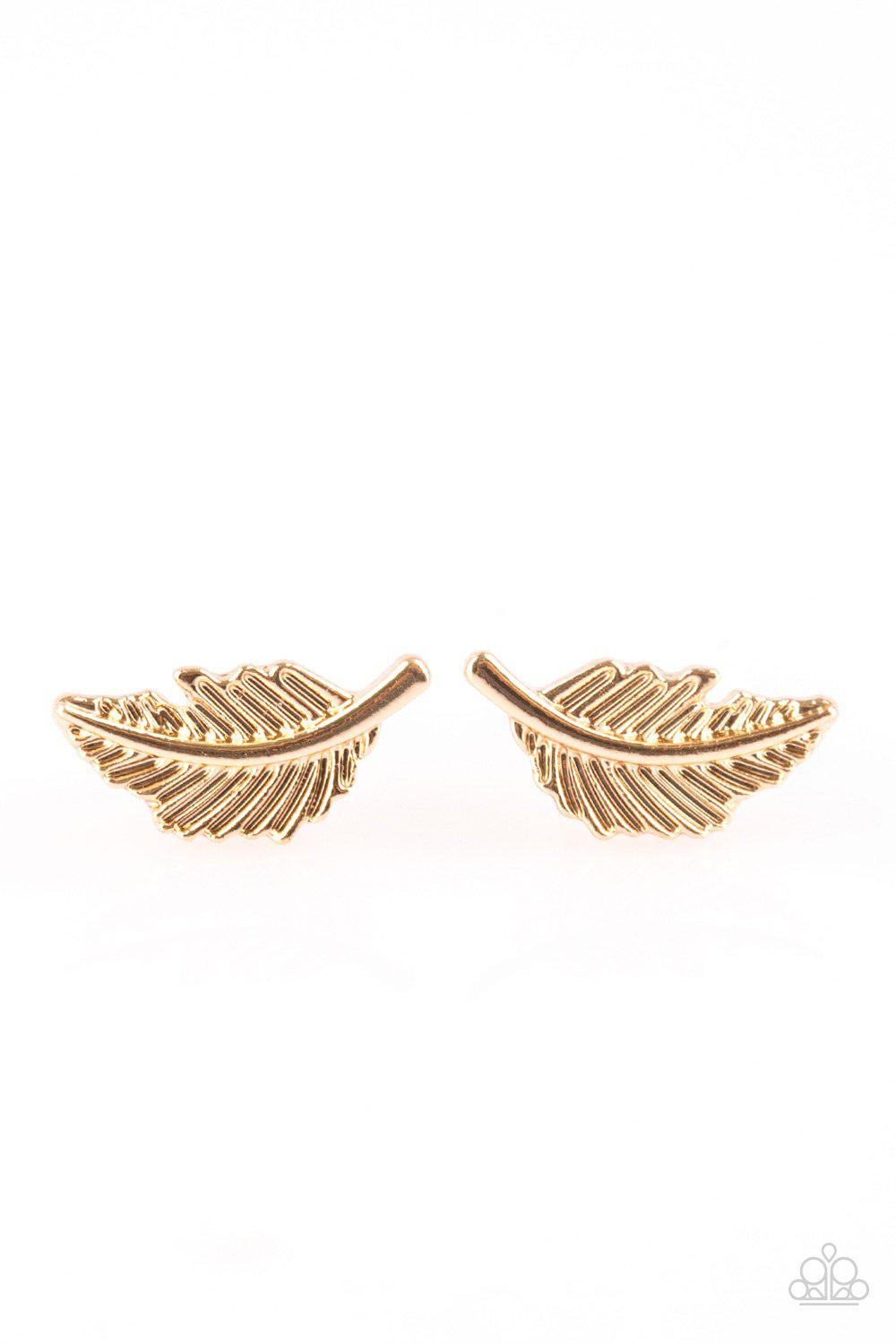 Flying Feather Gold Post Earrings - Paparazzi Accessories- lightbox - CarasShop.com - Paparazzi Jewelry by Cara Jewels