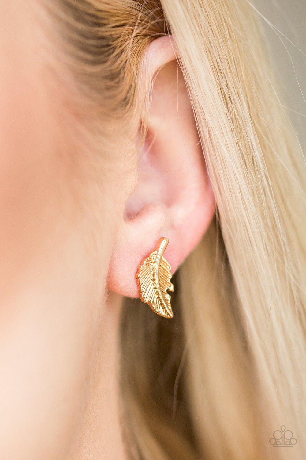 Flying Feather Gold Post Earrings - Paparazzi Accessories- on model - CarasShop.com - Paparazzi Jewelry by Cara Jewels
