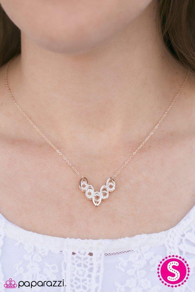 Flying V Rose Gold Necklace and matching Earrings - Paparazzi Accessories- on model - CarasShop.com - Paparazzi Jewelry by Cara Jewels