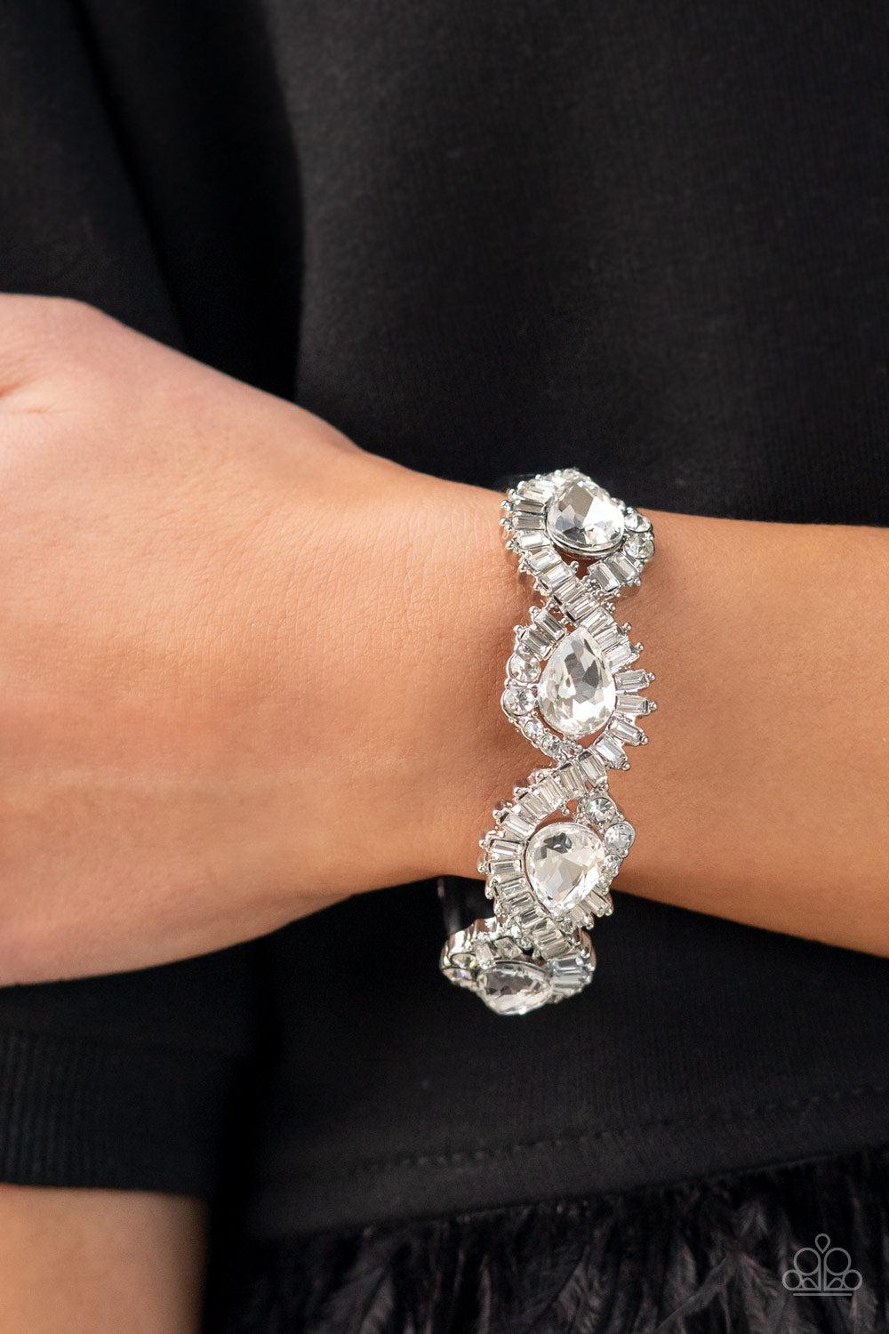 For the Win White Rhinestone Hinged Bracelet - Paparazzi Accessories- on model - CarasShop.com - Paparazzi Jewelry by Cara Jewels