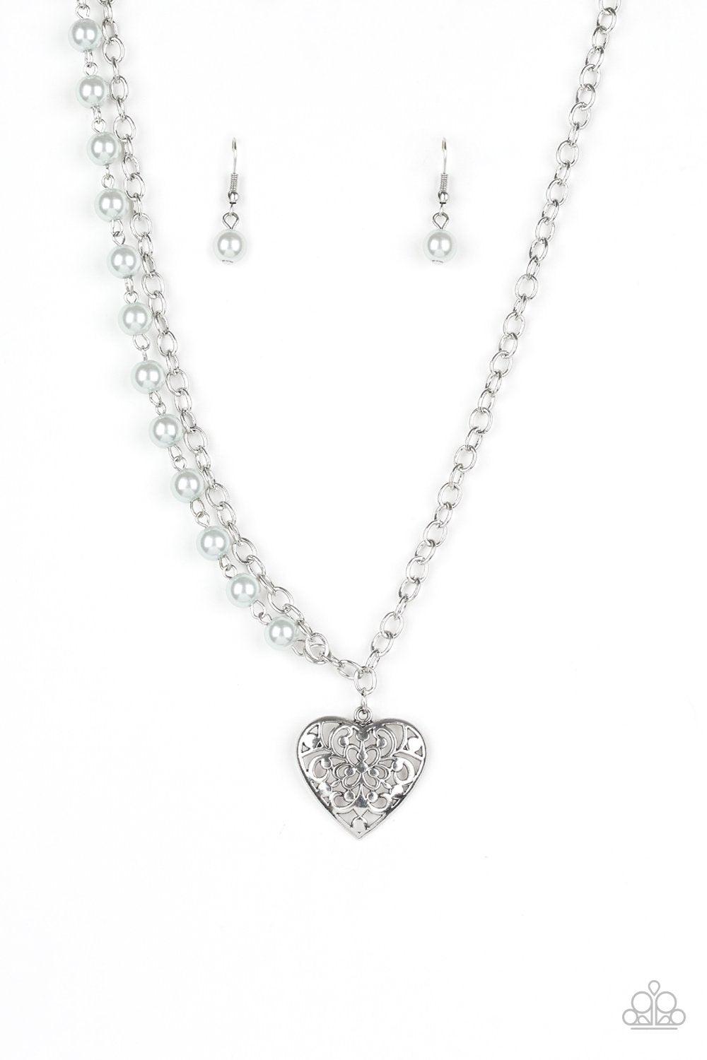 Forever In My Heart Silver Pearl and Heart Necklace - Paparazzi Accessories- lightbox - CarasShop.com - Paparazzi Jewelry by Cara Jewels