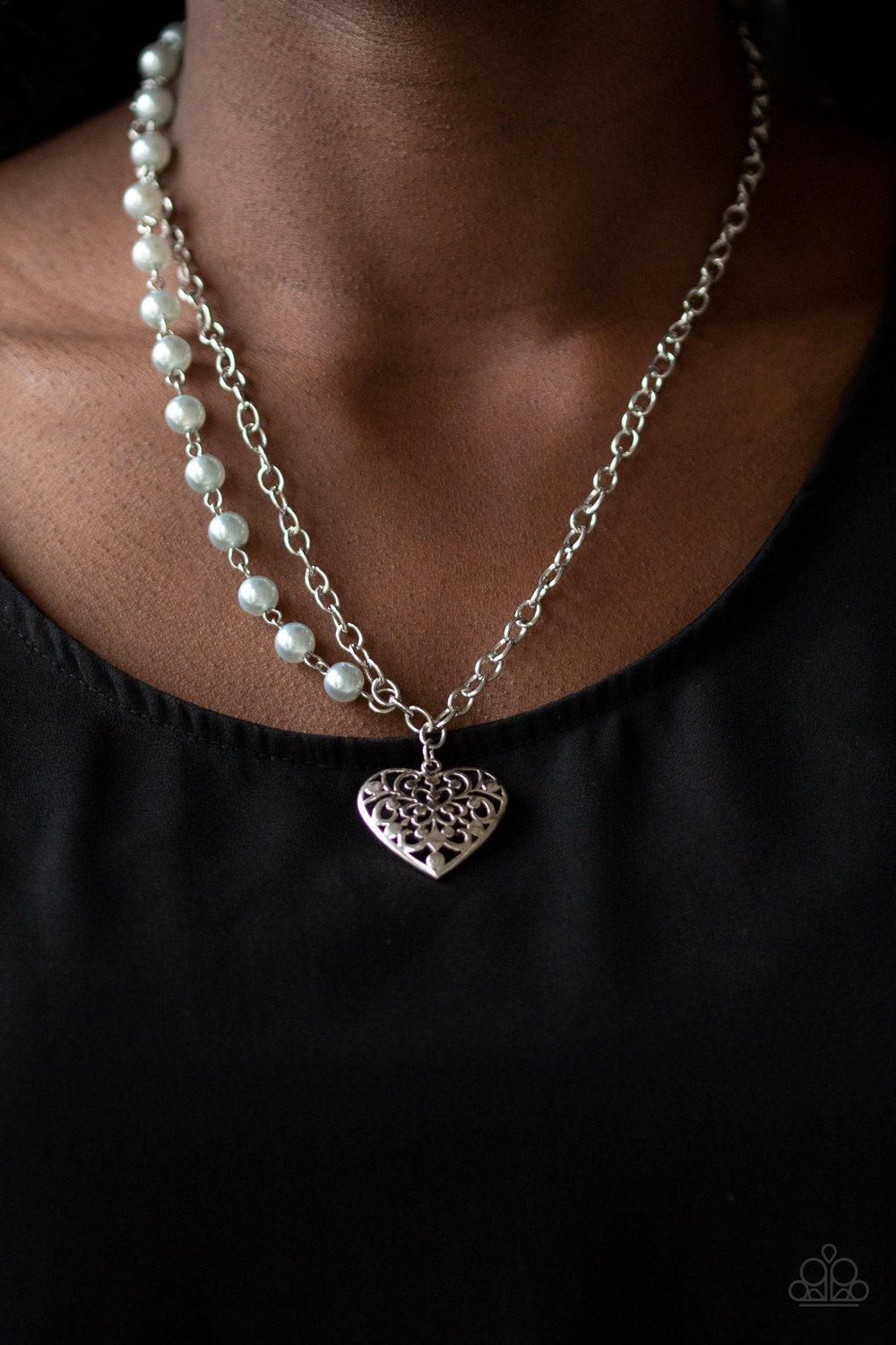 Forever In My Heart Silver Pearl and Heart Necklace - Paparazzi Accessories- lightbox - CarasShop.com - Paparazzi Jewelry by Cara Jewels