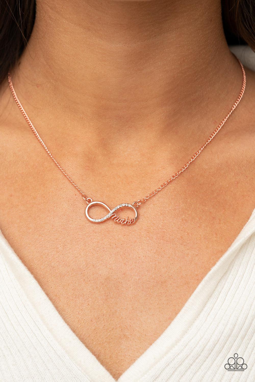 Forever Your Mom Copper Infinity Necklace - Paparazzi Accessories- on model - CarasShop.com - Paparazzi Jewelry by Cara Jewels
