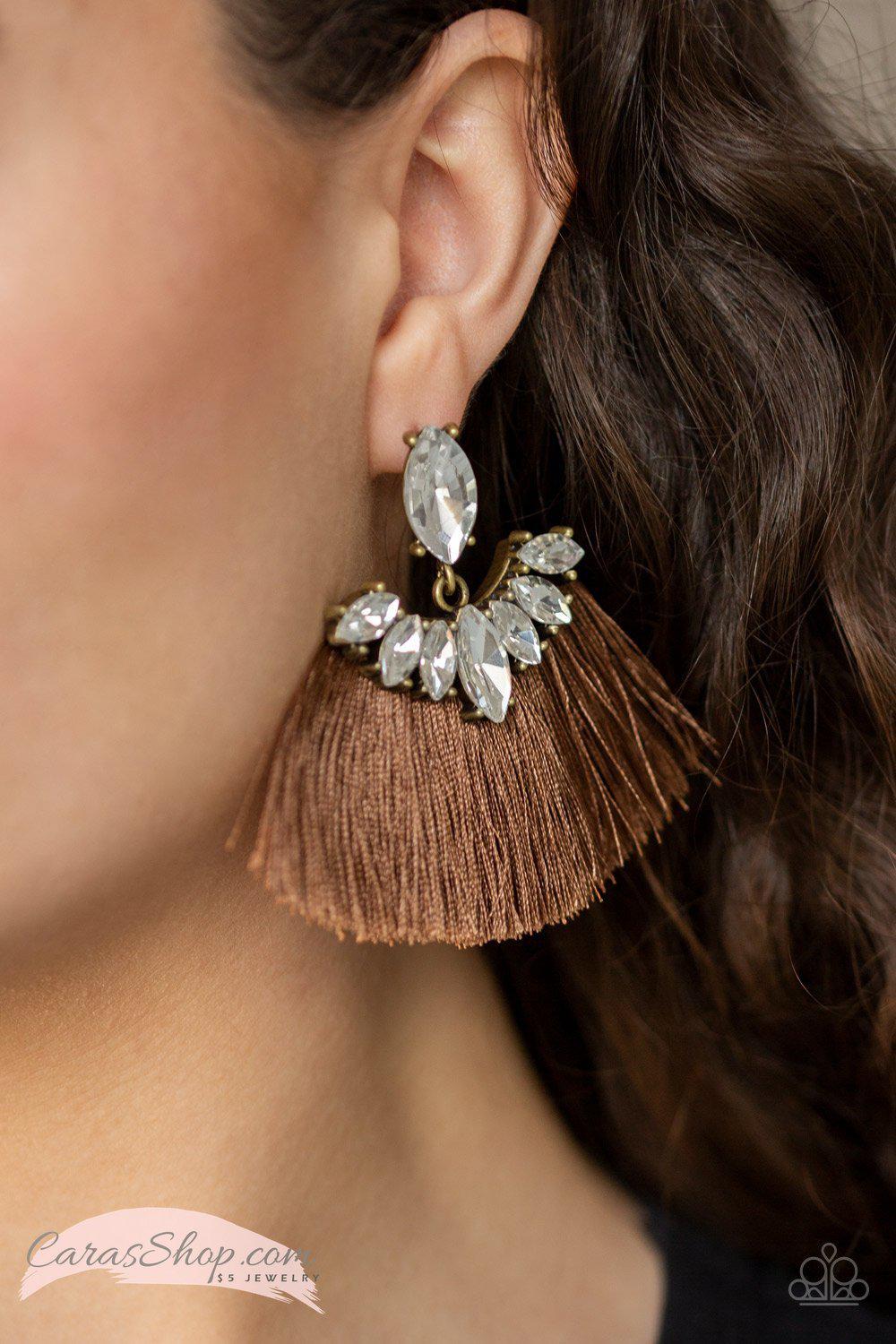 Formal Flair Brown Fringe Earrings - Paparazzi Accessories- on model - CarasShop.com - Paparazzi Jewelry by Cara Jewels