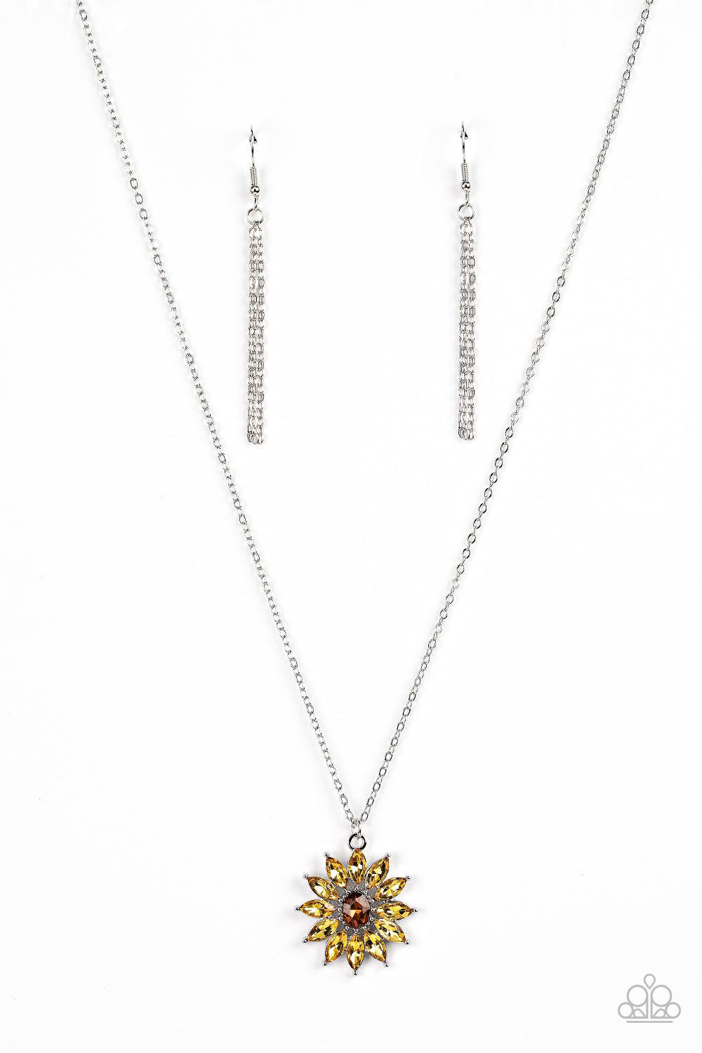 Formal Florals Yellow Rhinestone Flower Necklace - Paparazzi Accessories- lightbox - CarasShop.com - Paparazzi Jewelry by Cara Jewels