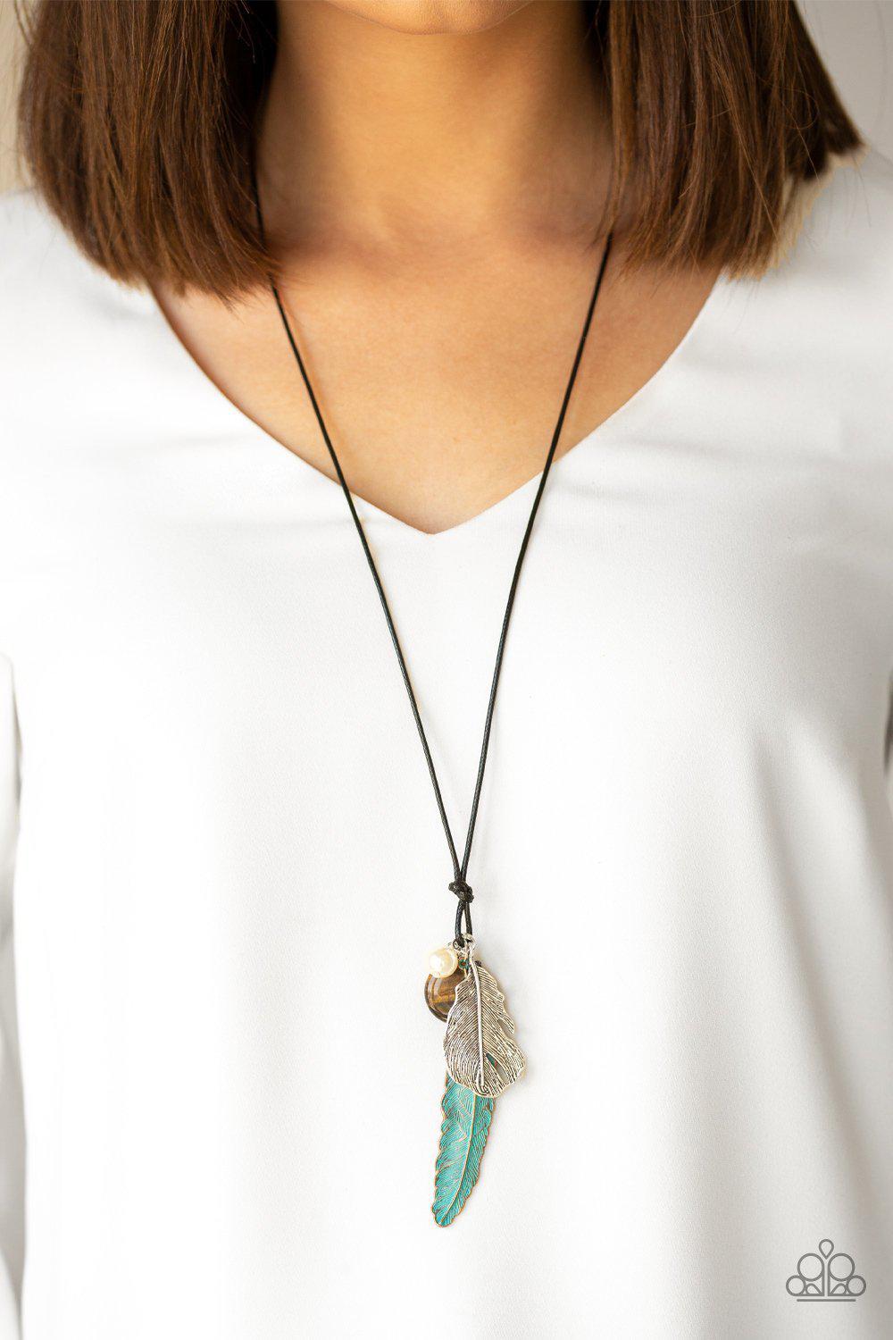 Four Winds Multi-color Feather Urban Necklace - Paparazzi Accessories- on model - CarasShop.com - Paparazzi Jewelry by Cara Jewels