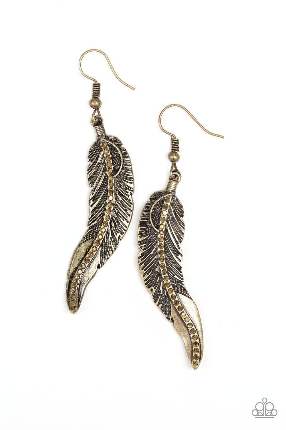 FOWL Play Brass Feather Earrings - Paparazzi Accessories- lightbox - CarasShop.com - Paparazzi Jewelry by Cara Jewels