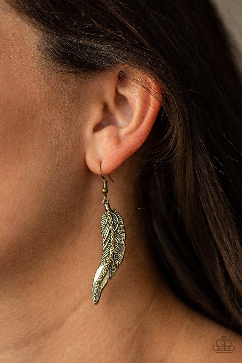 FOWL Play Brass Feather Earrings - Paparazzi Accessories- on model - CarasShop.com - Paparazzi Jewelry by Cara Jewels