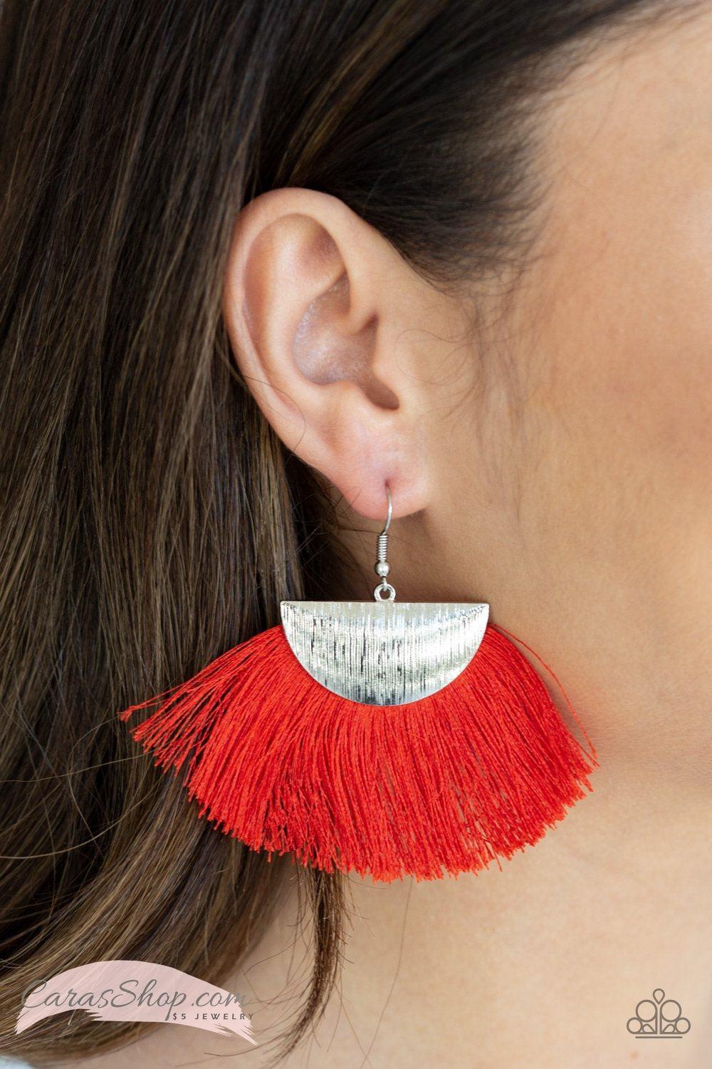 Fox Trap Red Fringe Earrings - Paparazzi Accessories- on model - CarasShop.com - Paparazzi Jewelry by Cara Jewels