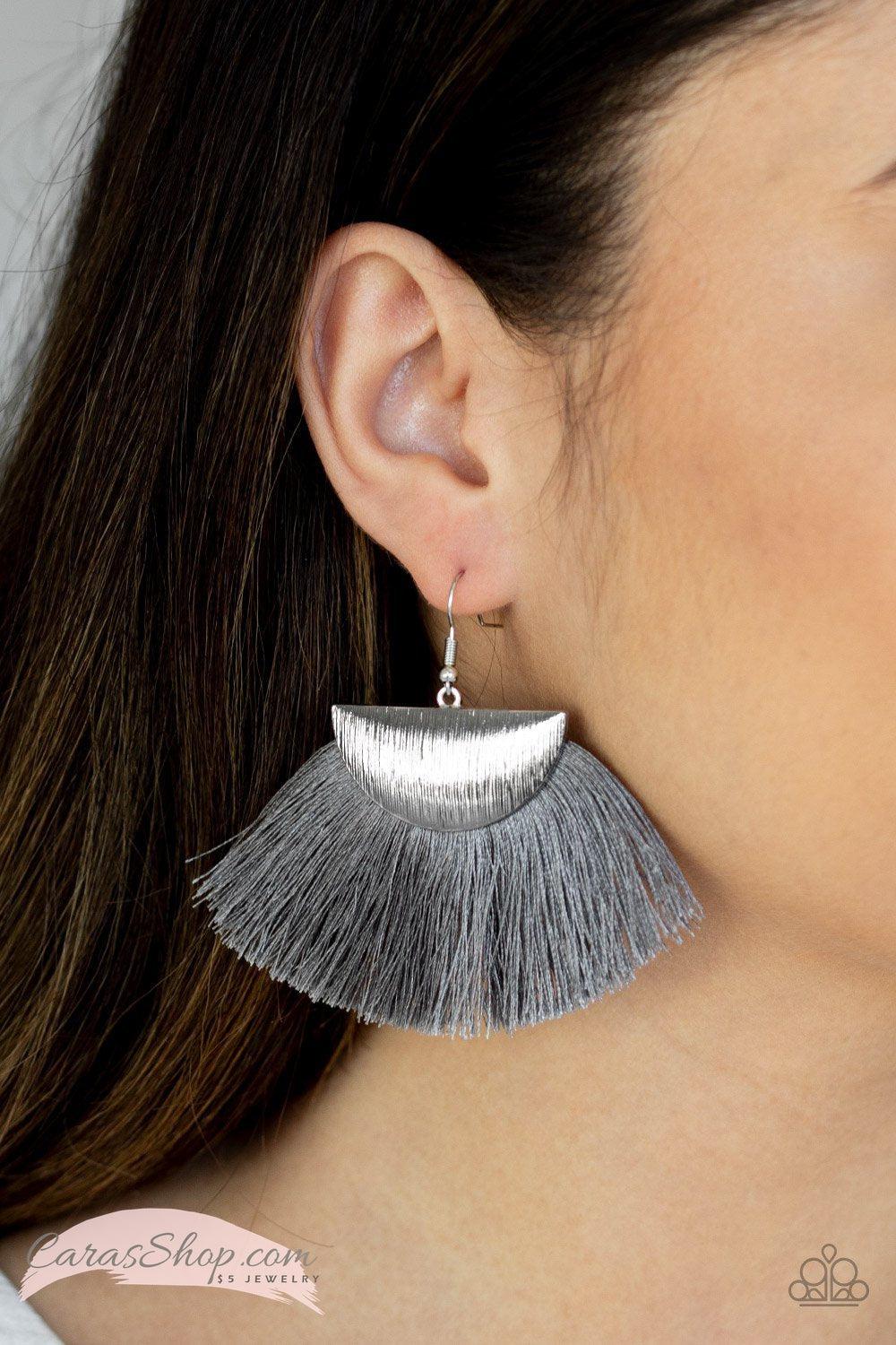 Fox Trap Silver Fringe Earrings - Paparazzi Accessories- on model - CarasShop.com - Paparazzi Jewelry by Cara Jewels