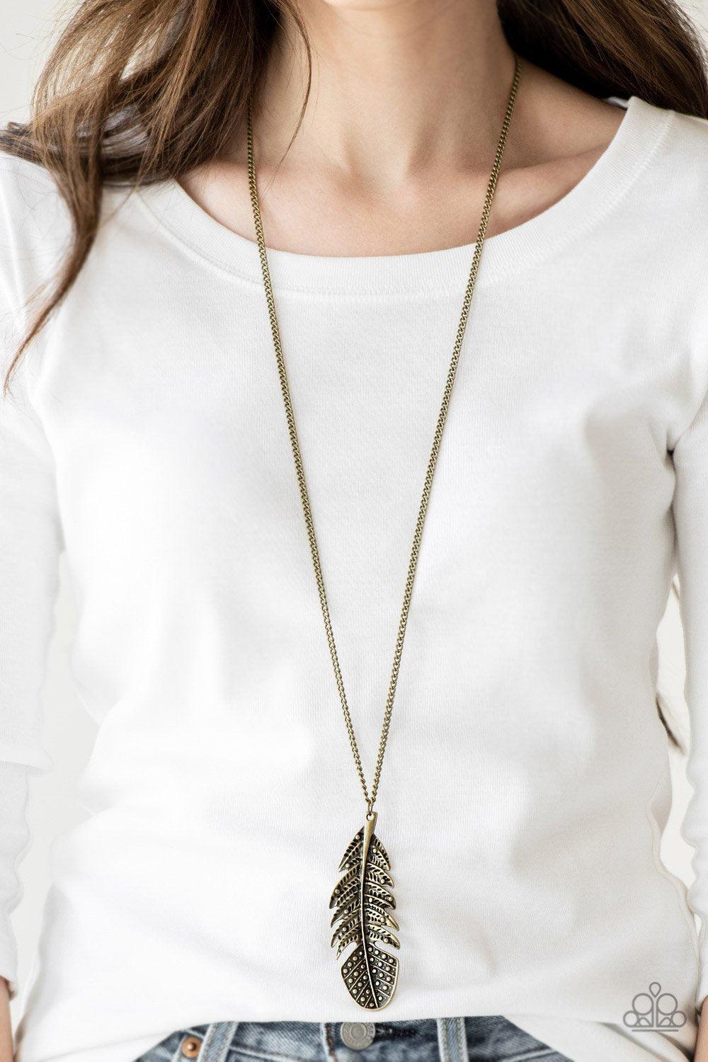 Free Bird Brass Feather Necklace - Paparazzi Accessories- on model - CarasShop.com - Paparazzi Jewelry by Cara Jewels