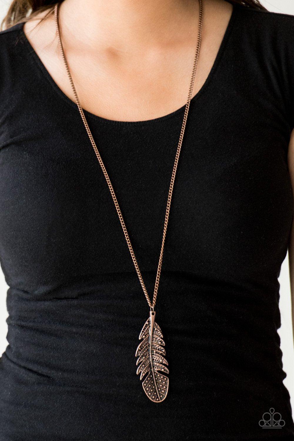 Free Bird Copper Feather Necklace - Paparazzi Accessories- on model - CarasShop.com - Paparazzi Jewelry by Cara Jewels