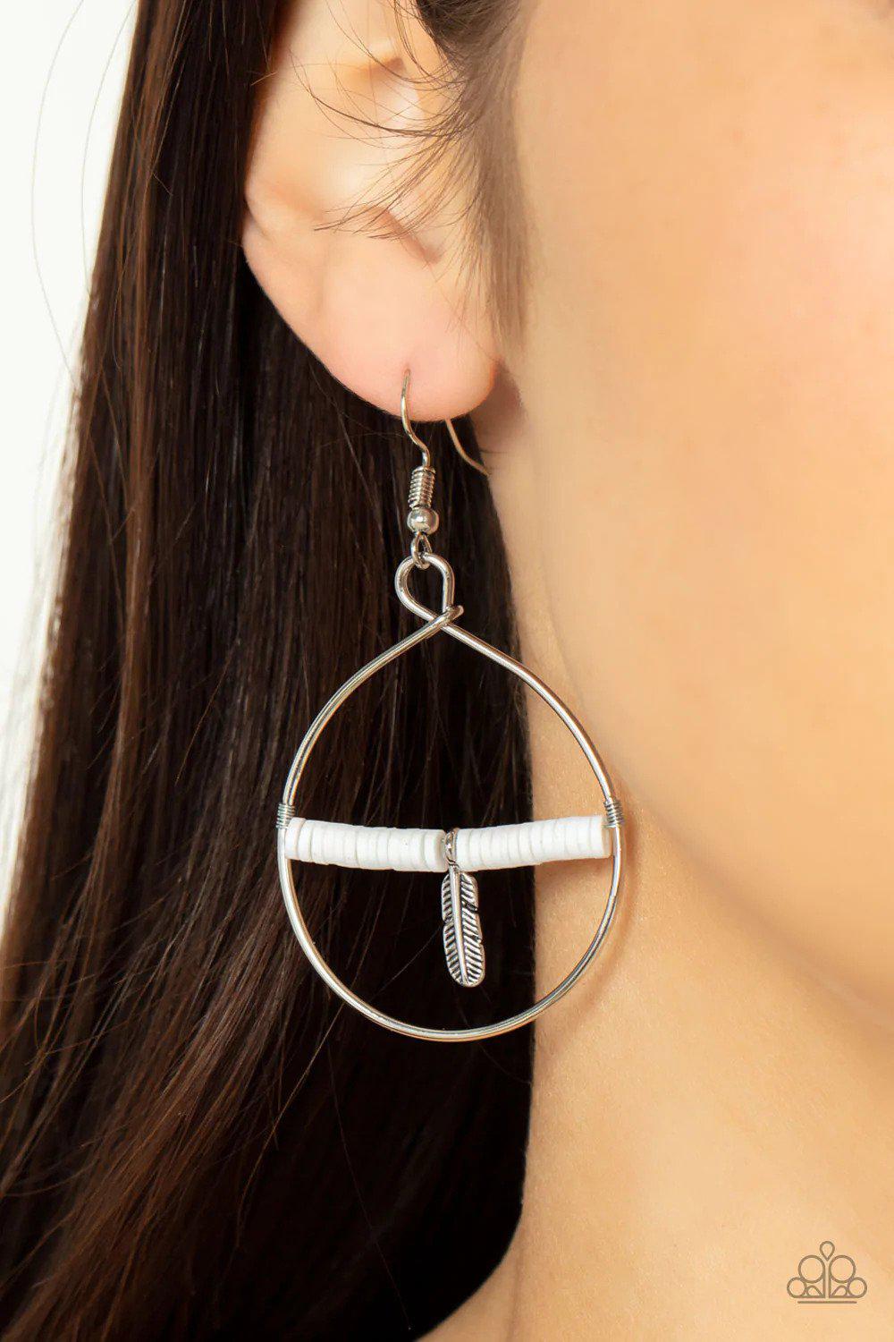 Free Bird Freedom White Earrings - Paparazzi Accessories- on model - CarasShop.com - Paparazzi Jewelry by Cara Jewels