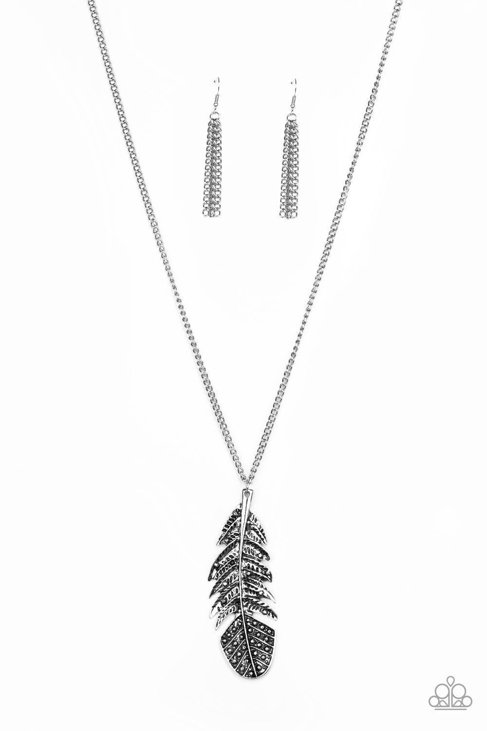 Free Bird Silver Feather Necklace - Paparazzi Accessories- lightbox - CarasShop.com - Paparazzi Jewelry by Cara Jewels
