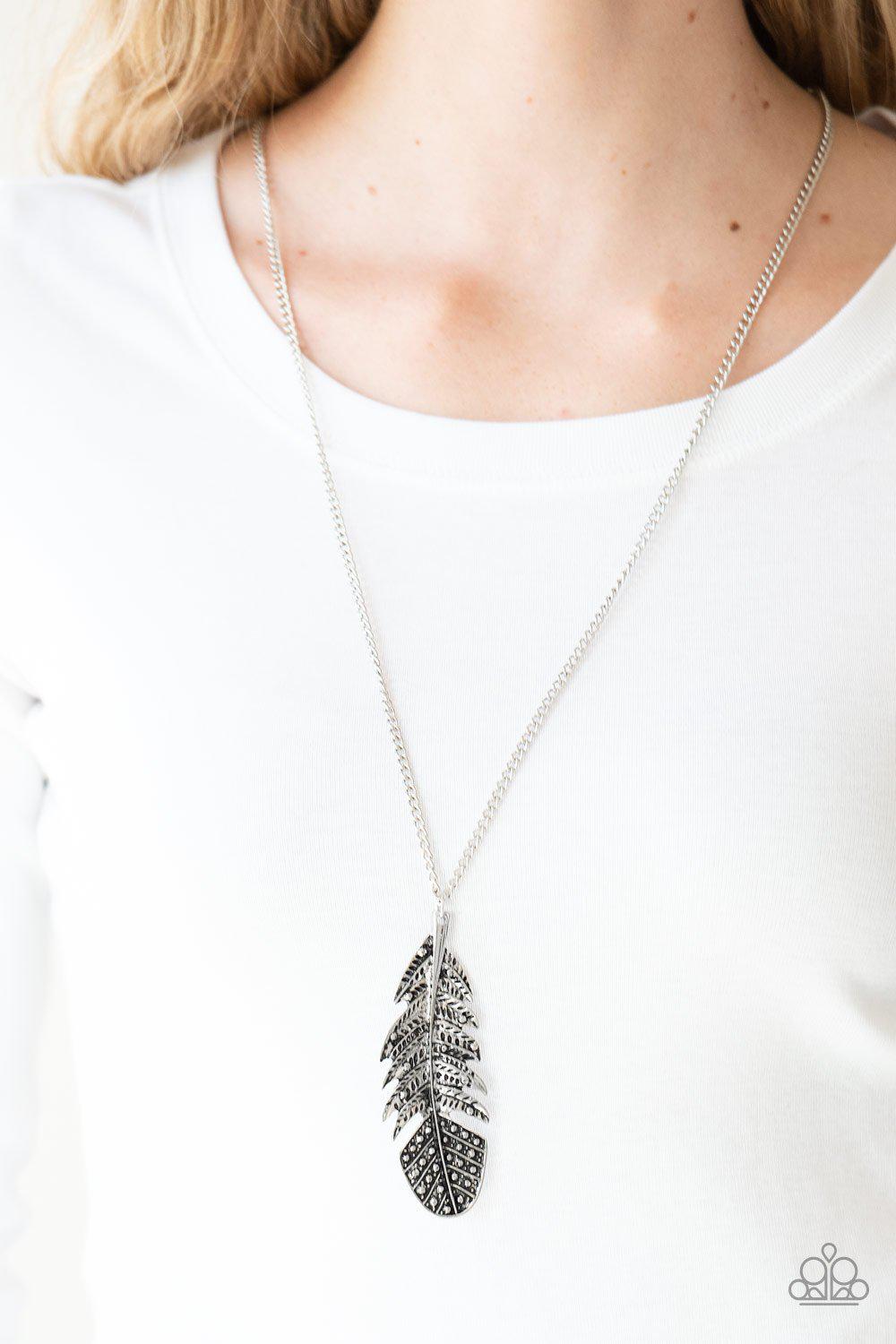 Free Bird Silver Feather Necklace - Paparazzi Accessories- on model - CarasShop.com - Paparazzi Jewelry by Cara Jewels