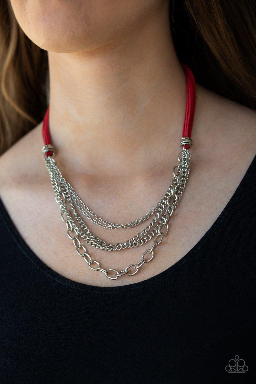 Free Roamer Red Suede and Silver Necklace - Paparazzi Accessories- on model - CarasShop.com - Paparazzi Jewelry by Cara Jewels