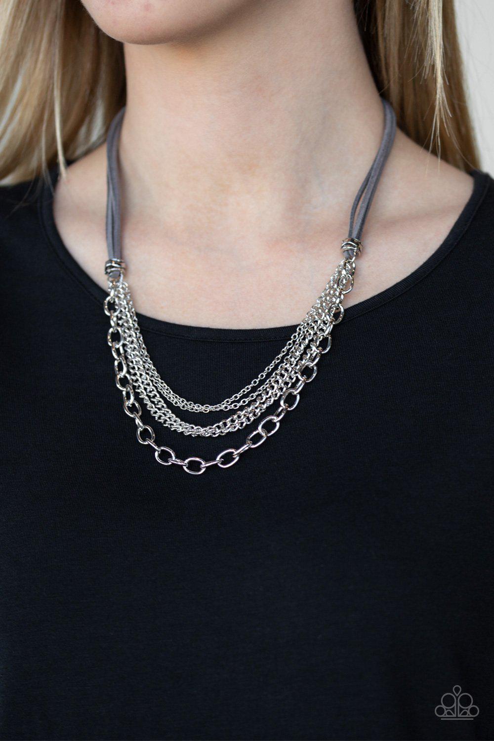 Free Roamer Silver Suede and Chain Necklace - Paparazzi Accessories- on model - CarasShop.com - Paparazzi Jewelry by Cara Jewels
