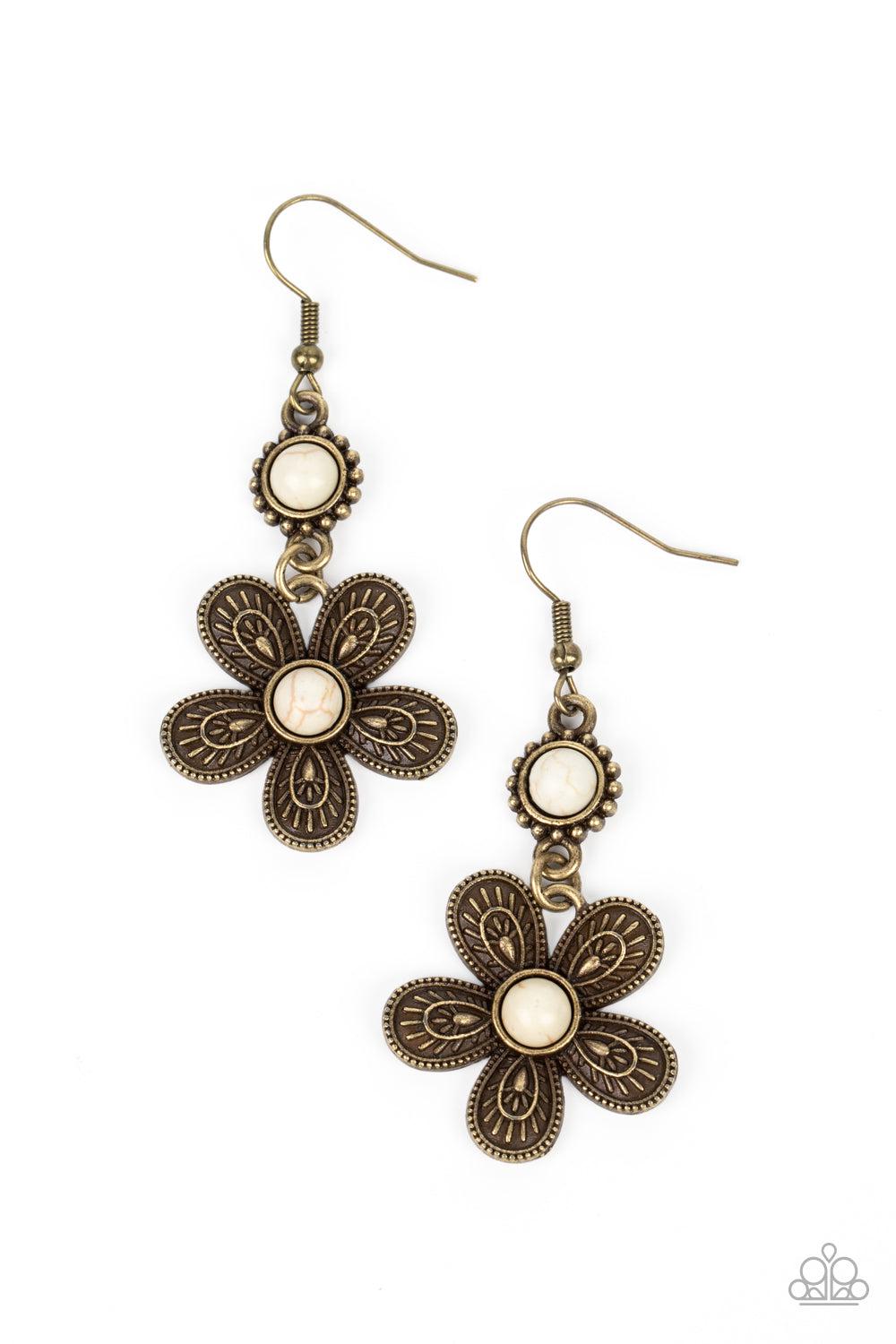 Free-Spirited Flourish Brass Flower Earrings - Paparazzi Accessories- lightbox - CarasShop.com - Paparazzi Jewelry by Cara Jewels