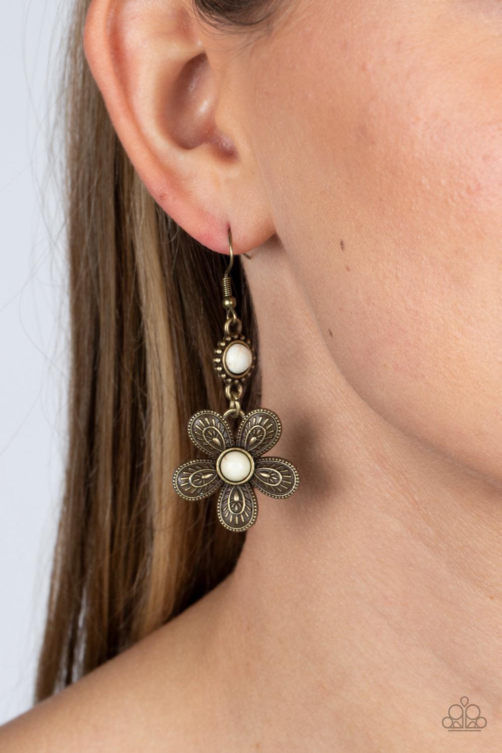 Free-Spirited Flourish Brass Flower Earrings - Paparazzi Accessories- on model - CarasShop.com - Paparazzi Jewelry by Cara Jewels